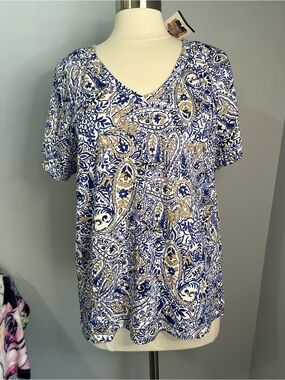 Rafaella Size XL Multicolor Blue Print Tiered Short Sleeve V-Neck Top Blouse